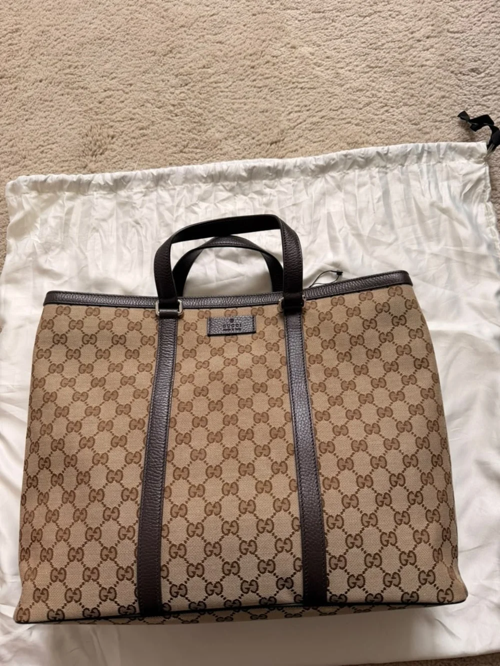 Gucci Brown Beige GG Canvas Tote with Dark Brown Leather Trim